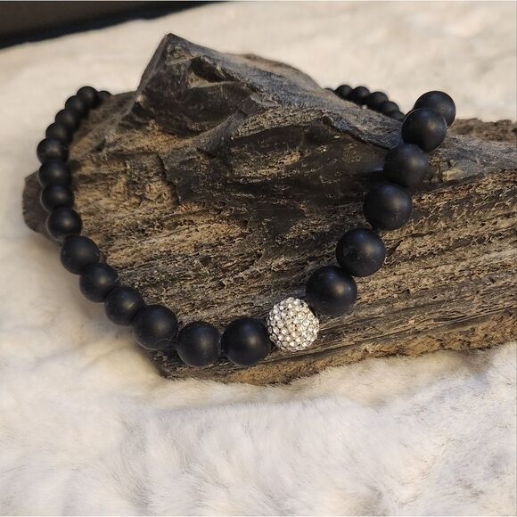 NWOT Lia Sophia Castile Black Agate Beads Pave Crystal Center Necklace - Picture 6 of 6